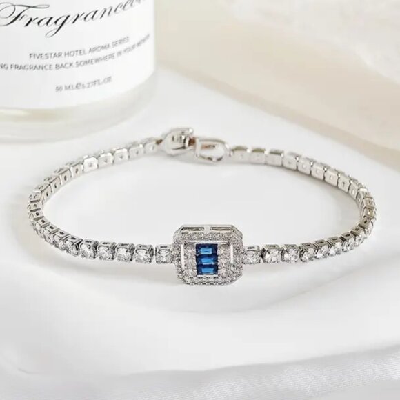 Solid Silver 1ct Blue Sapphire 2ct Diamond Tennis Bracelet Princess Cut Jewelry - Picture 1 of 7